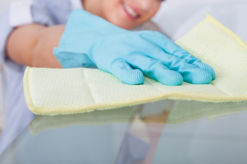 Cleaner maintaining a hygienic office environment in Hackney